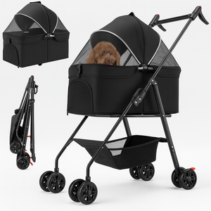 Passeggino per Cani Gatti 2in1 Cestello Rimovibile Pieghevole e Traspirante Nero