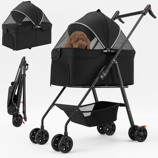 Passeggino per Cani Gatti 2in1 Cestello Rimovibile Pieghevole e Traspirante Nero