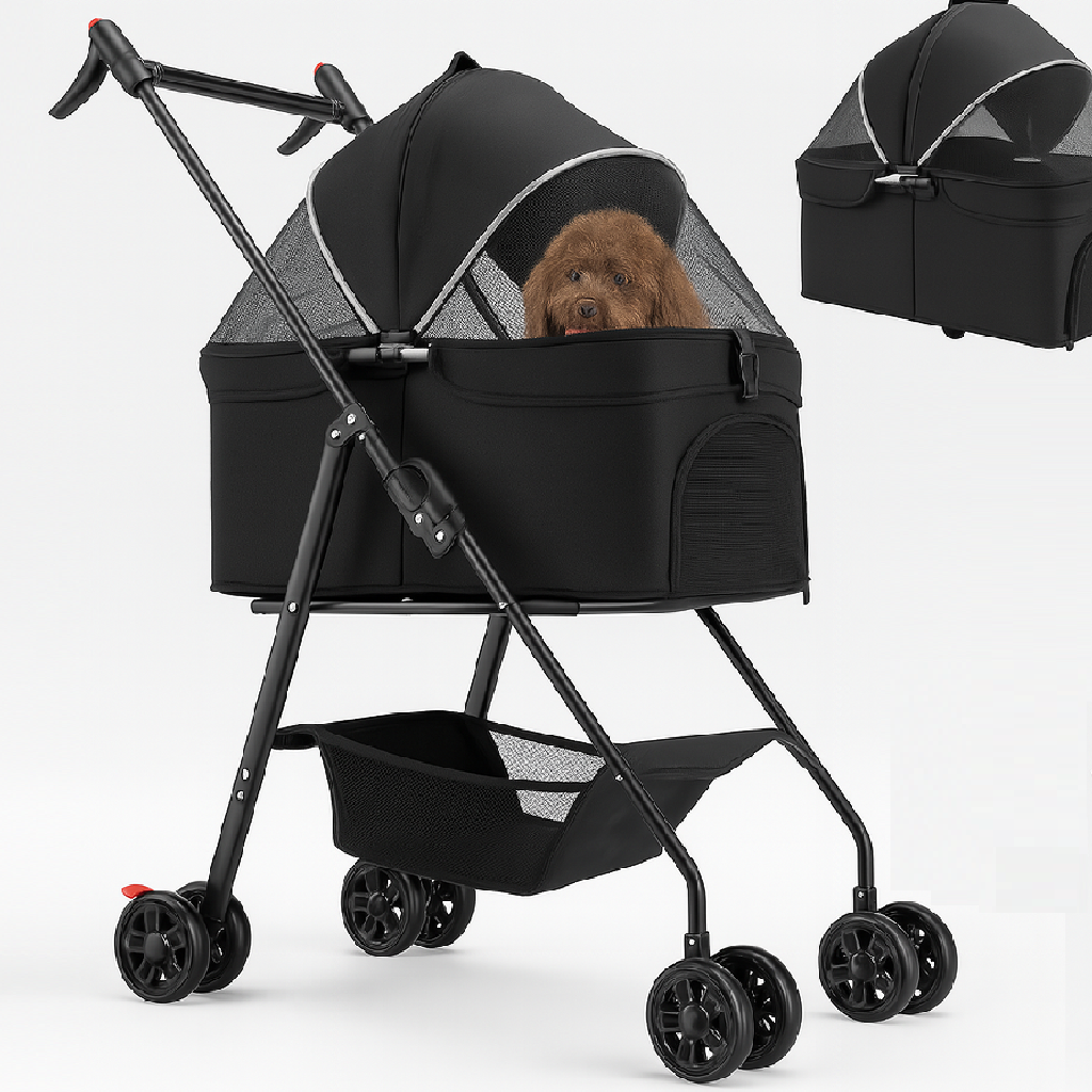 Passeggino per Cani Gatti 2in1 Cestello Rimovibile Pieghevole e Traspirante Nero
