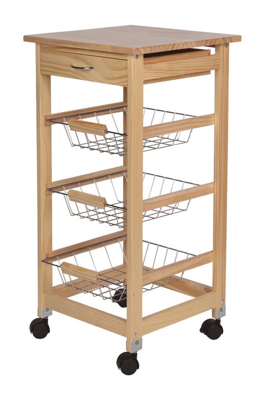 MAURY'S CARRELLO PORTAFRUTTA DA CUCINA CON 3 CESTI IN LEGNO 37 X 37 X H76 CM