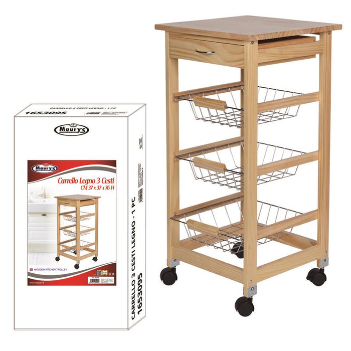 MAURY'S CARRELLO PORTAFRUTTA DA CUCINA CON 3 CESTI IN LEGNO 37 X 37 X H76 CM