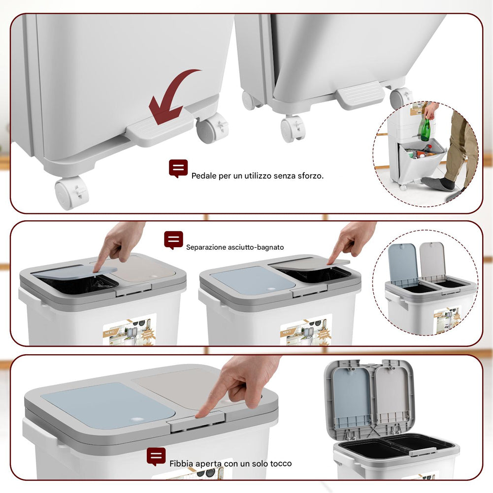 Pattumiera da Cucina Doppio Bidone 42L Secchio con Cassetto Separazione Rifiuti