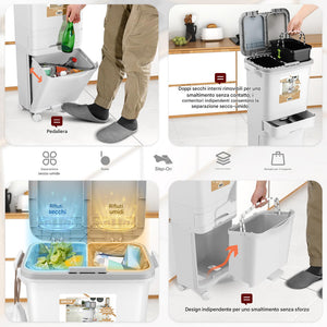 Pattumiera da Cucina Doppio Bidone 42L Secchio con Cassetto Separazione Rifiuti