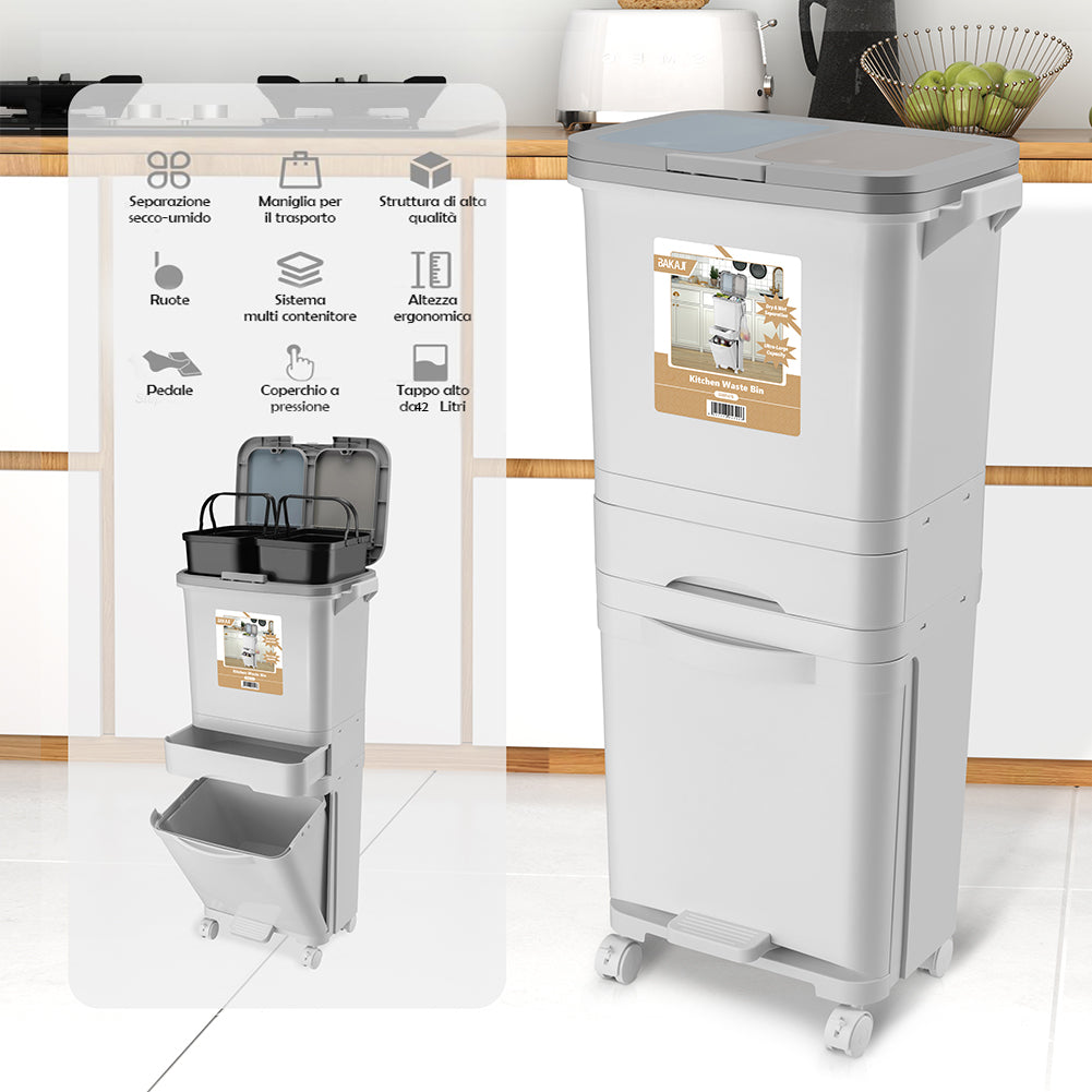 Pattumiera da Cucina Doppio Bidone 42L Secchio con Cassetto Separazione Rifiuti