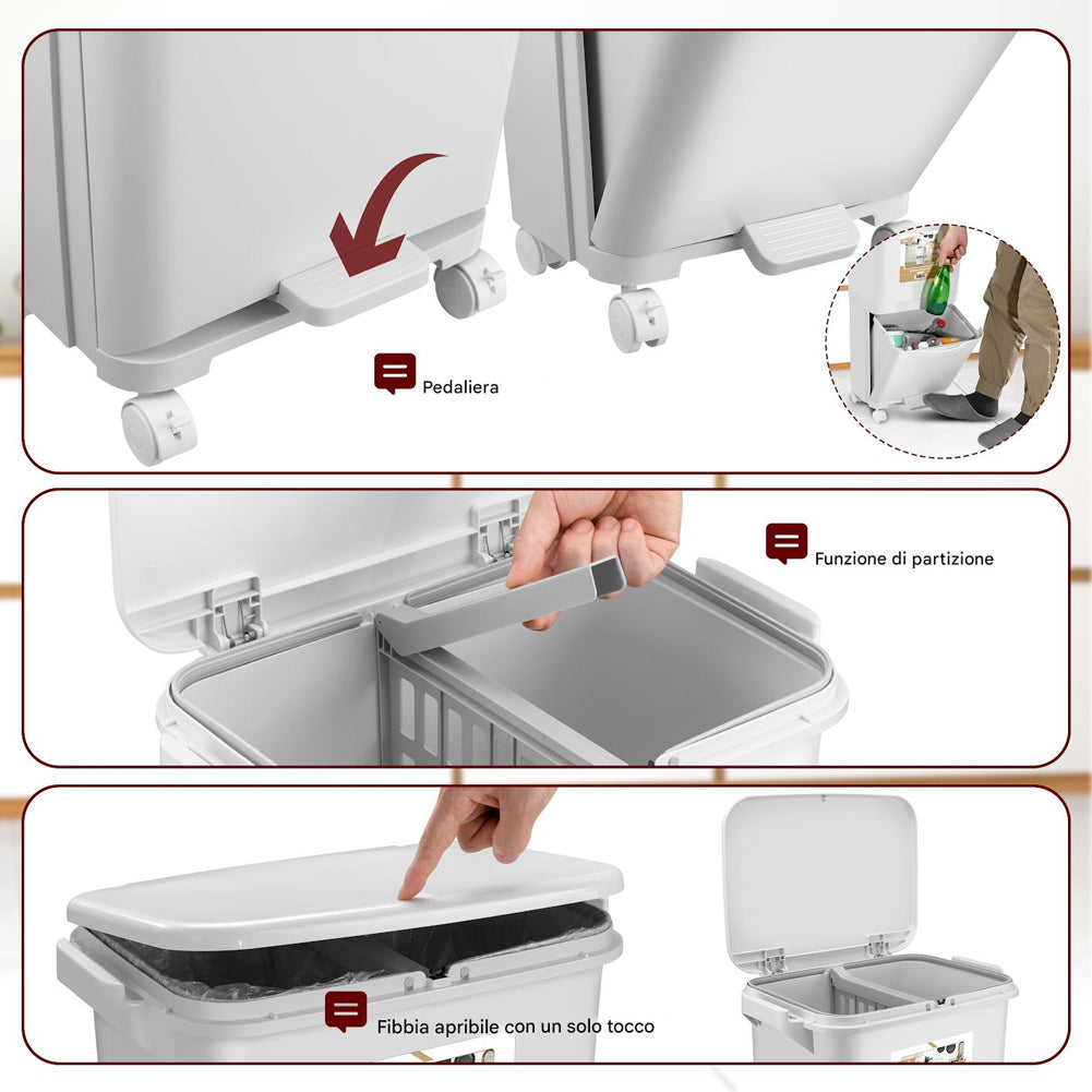 Pattumiera da Cucina Doppio Bidone 38 L Secchio Separazione Rifiuti Salvaspazio