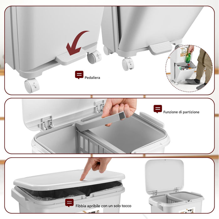 Pattumiera da Cucina Doppio Bidone 38 L Secchio Separazione Rifiuti Salvaspazio