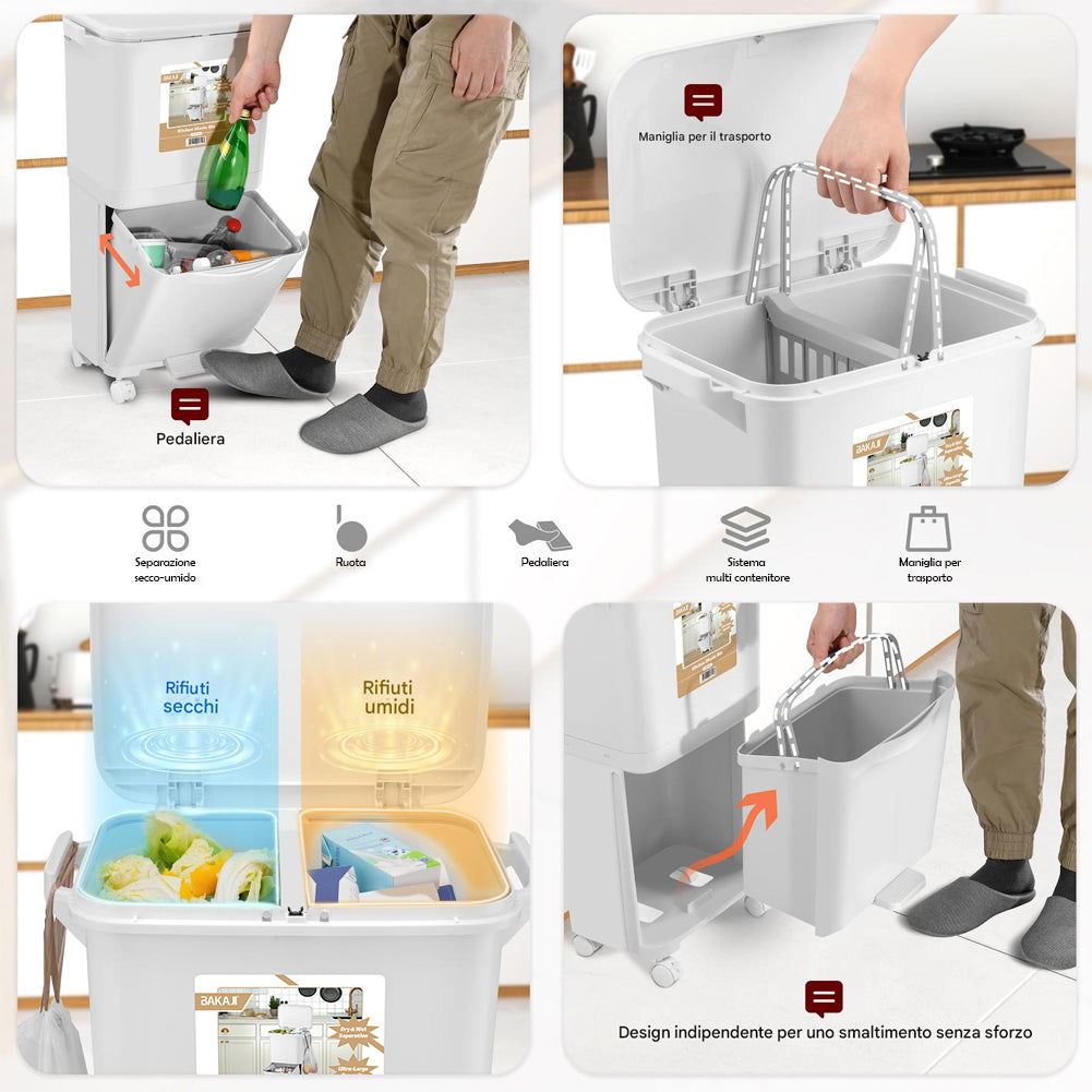 Pattumiera da Cucina Doppio Bidone 38 L Secchio Separazione Rifiuti Salvaspazio