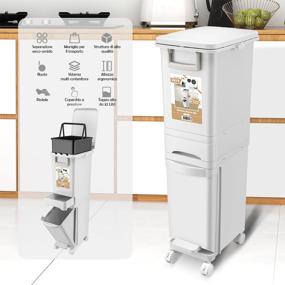 Pattumiera da Cucina Capacità Bidone 32L Secchio Ribaltabile Rifiuti Salvaspazio