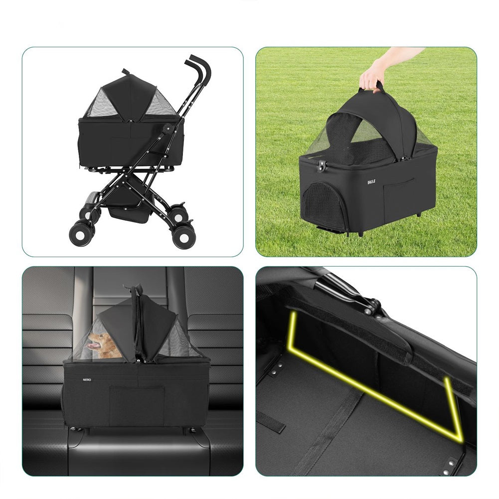 Passeggino Cani e Gatti 2in1 Trasportino Rimovibile e Struttura Pieghevole Robusta Nero
