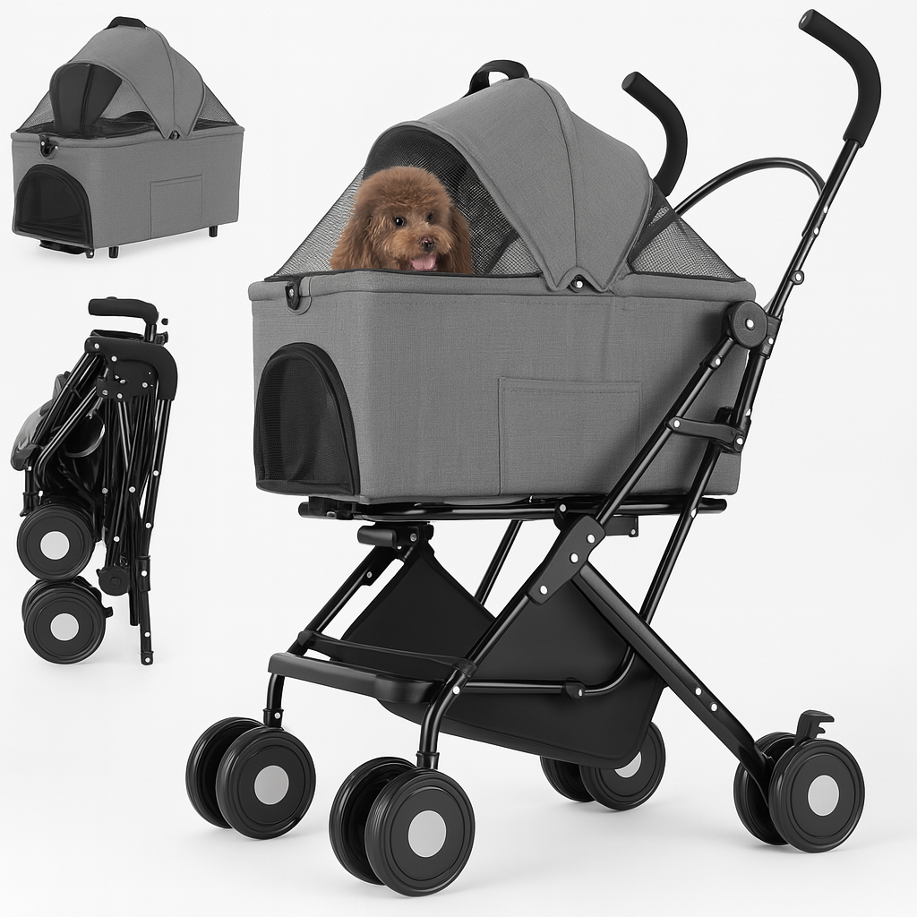 Passeggino Cani e Gatti 2in1 Trasportino Rimovibile e Struttura Pieghevole Robusta Grigio