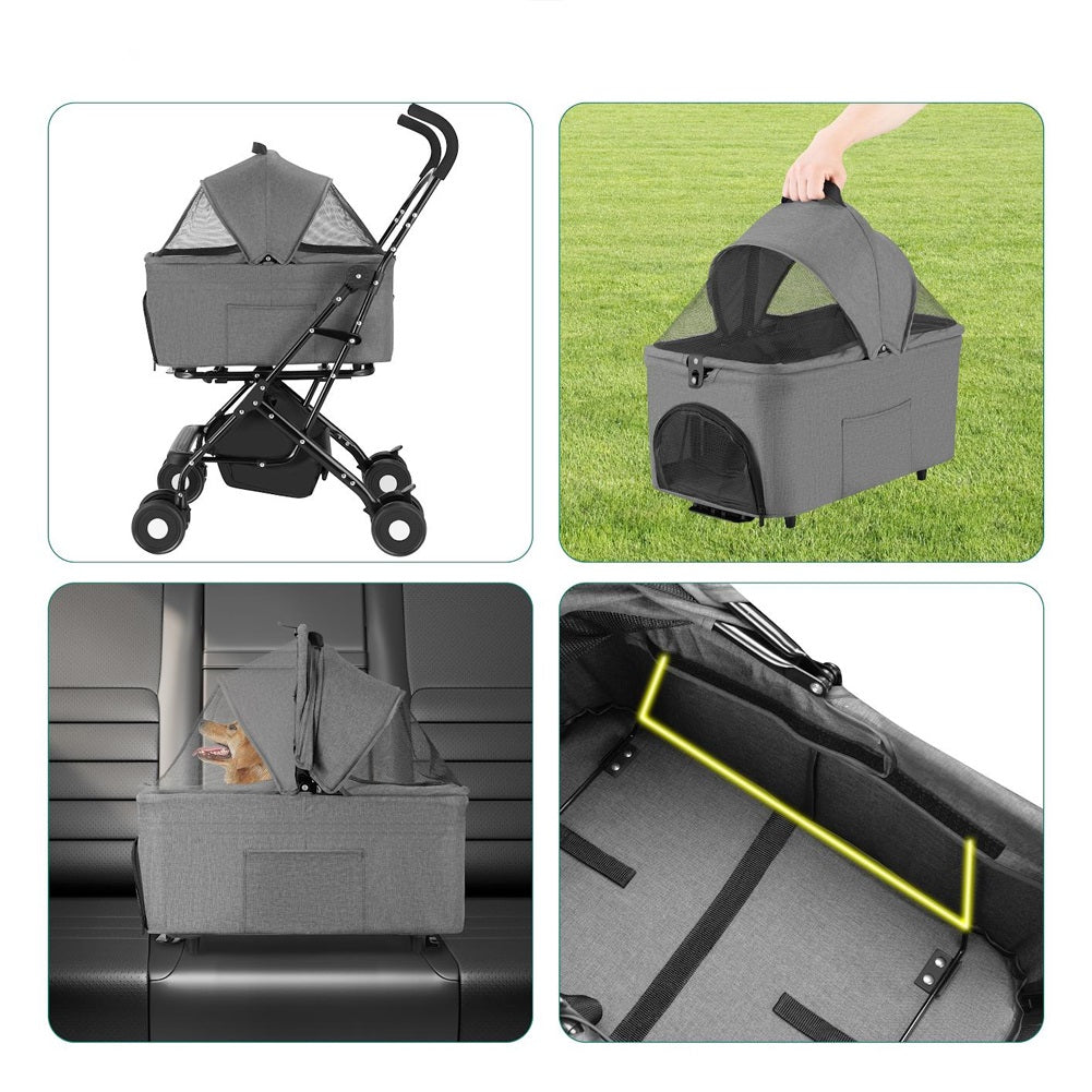 Passeggino Cani e Gatti 2in1 Trasportino Rimovibile e Struttura Pieghevole Robusta Grigio