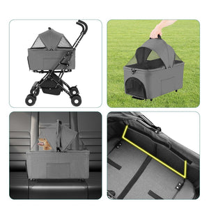 Passeggino Cani e Gatti 2in1 Trasportino Rimovibile e Struttura Pieghevole Robusta Grigio
