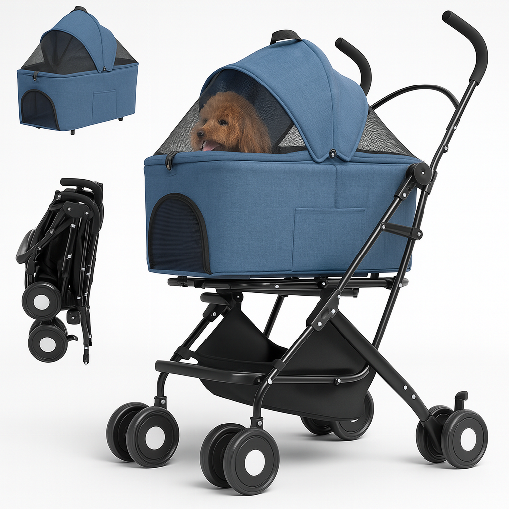 Passeggino Cani e Gatti 2in1 Trasportino Rimovibile e Struttura Pieghevole Robusta Blu