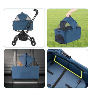 Passeggino Cani e Gatti 2in1 Trasportino Rimovibile e Struttura Pieghevole Robusta Blu