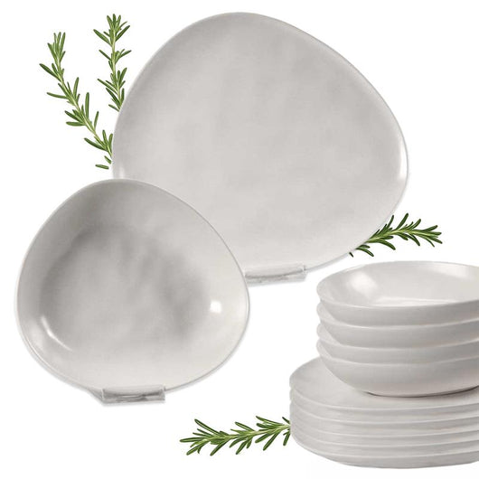 SERVIZIO PIATTI ALBA BIANCA - 12 PZ DI DESIGN A FORMA TRIANGOLARE IN CERAMICA LAVORATA IN BIANCO - PIANO 30 CM - FONDO 23 CM