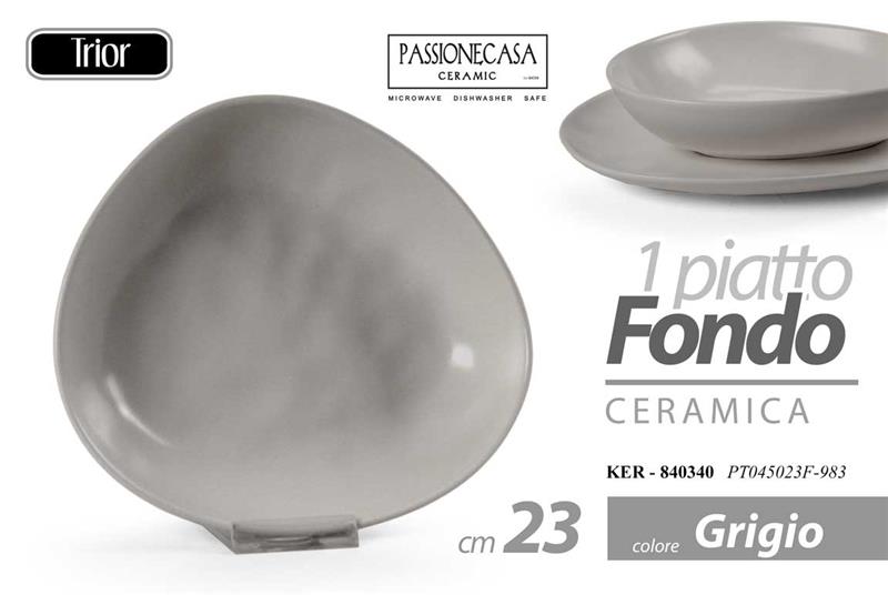 SERVIZIO PIATTI GRIGIO DI LUNA - 12 PZ DI DESIGN TRIANGOLARE IN CERAMICA  GRIGIA - PIATTO PIANO 30 CM - PIATTO FONDO 23 CM