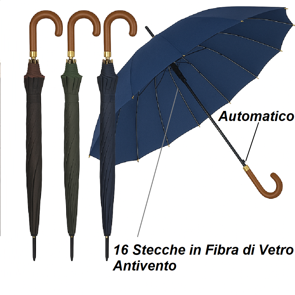Kit 4 Ombrelli Grandi Automatici Antivento Uomo Donna 16 Stecche Fibra di Vetro