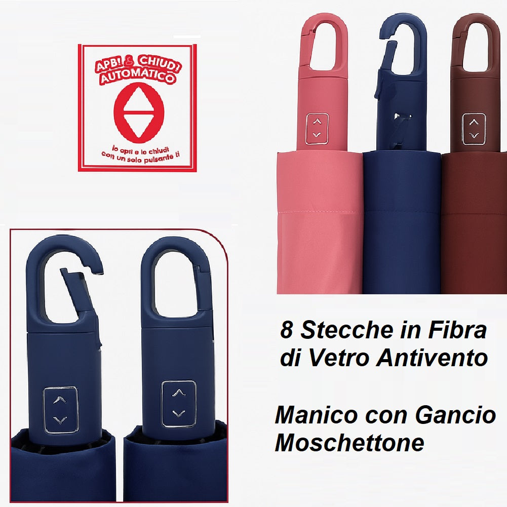 Kit 2 Ombrelli Mini Borsetta Apri e Chiudi con Gancio 8 Stecche Antivento in Fibra Uomo Donna