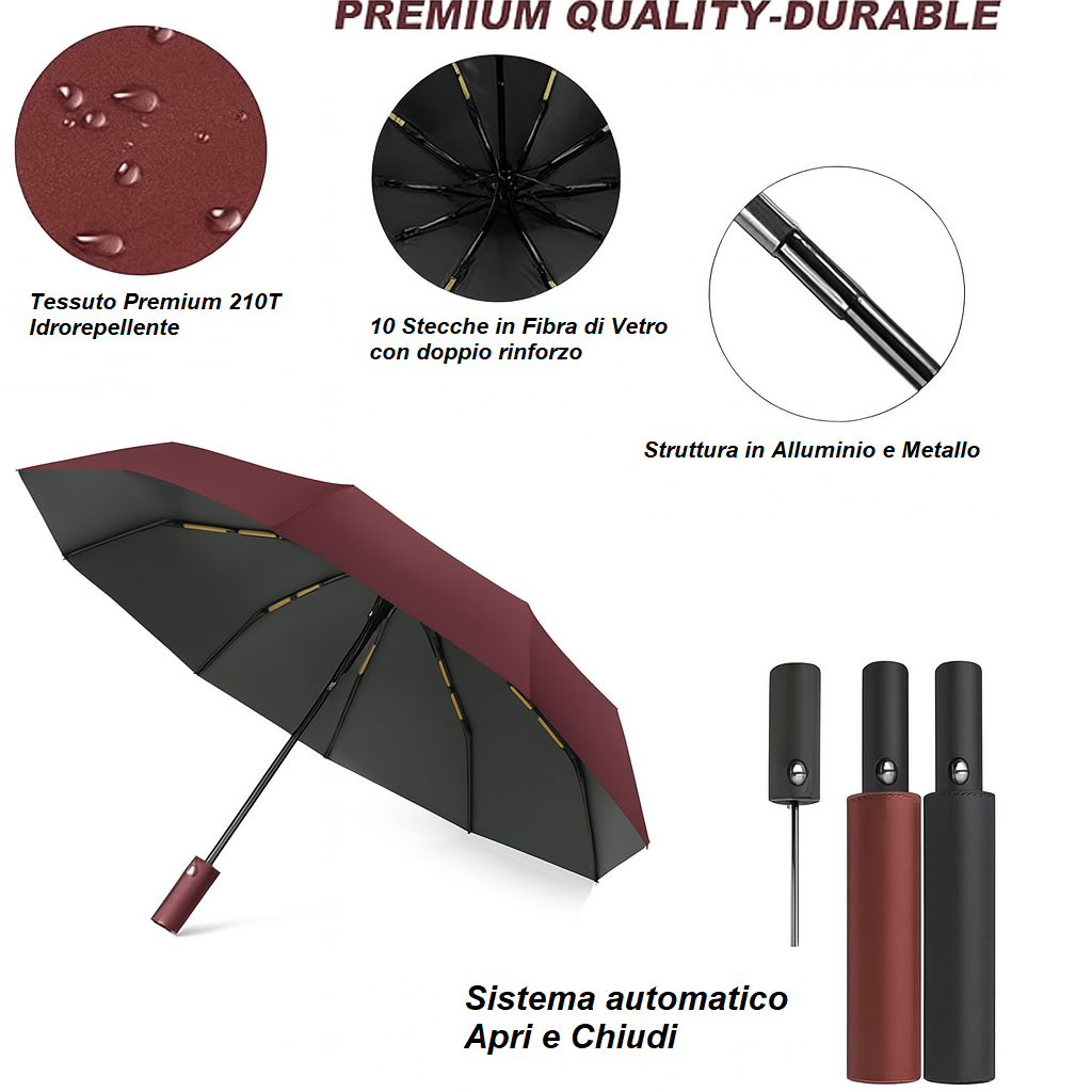 Kit 2 Ombrelli Grandi 10 Stecche Apri e Chiudi Antivento in Fibra Uomo Donna