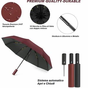 Kit 2 Ombrelli Grandi 10 Stecche Apri e Chiudi Antivento in Fibra Uomo Donna