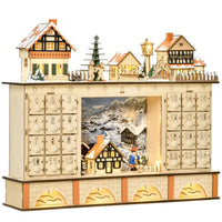 HOMCOM CALENDARIO DELL'AVVENTO IN LEGNO CON 24 CASSETTI DECORAZIONE CON VILLAGGIO DI NATALE E LUCI, 44X10X37CM - LEGNO