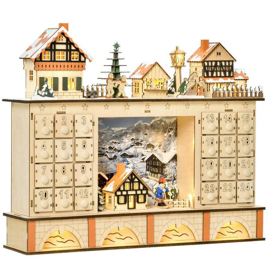 HOMCOM CALENDARIO DELL'AVVENTO IN LEGNO CON 24 CASSETTI DECORAZIONE CON VILLAGGIO DI NATALE E LUCI, 44X10X37CM - LEGNO