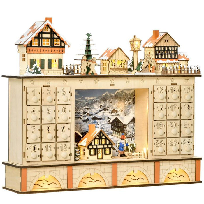 HOMCOM CALENDARIO DELL'AVVENTO IN LEGNO CON 24 CASSETTI DECORAZIONE CON VILLAGGIO DI NATALE E LUCI, 44X10X37CM - LEGNO