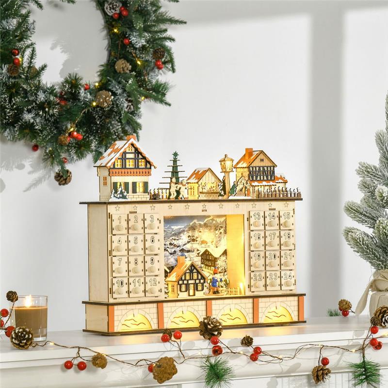 HOMCOM CALENDARIO DELL'AVVENTO IN LEGNO CON 24 CASSETTI DECORAZIONE CON VILLAGGIO DI NATALE E LUCI, 44X10X37CM - LEGNO