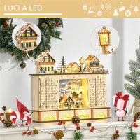 HOMCOM CALENDARIO DELL'AVVENTO IN LEGNO CON 24 CASSETTI DECORAZIONE CON VILLAGGIO DI NATALE E LUCI, 44X10X37CM - LEGNO