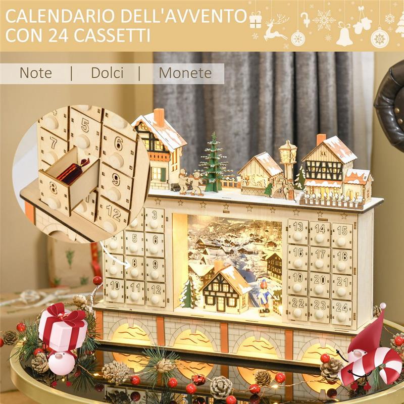 HOMCOM CALENDARIO DELL'AVVENTO IN LEGNO CON 24 CASSETTI DECORAZIONE CON VILLAGGIO DI NATALE E LUCI, 44X10X37CM - LEGNO
