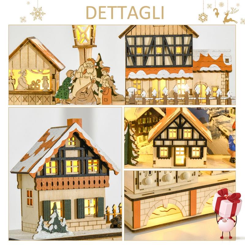 HOMCOM CALENDARIO DELL'AVVENTO IN LEGNO CON 24 CASSETTI DECORAZIONE CON VILLAGGIO DI NATALE E LUCI, 44X10X37CM - LEGNO