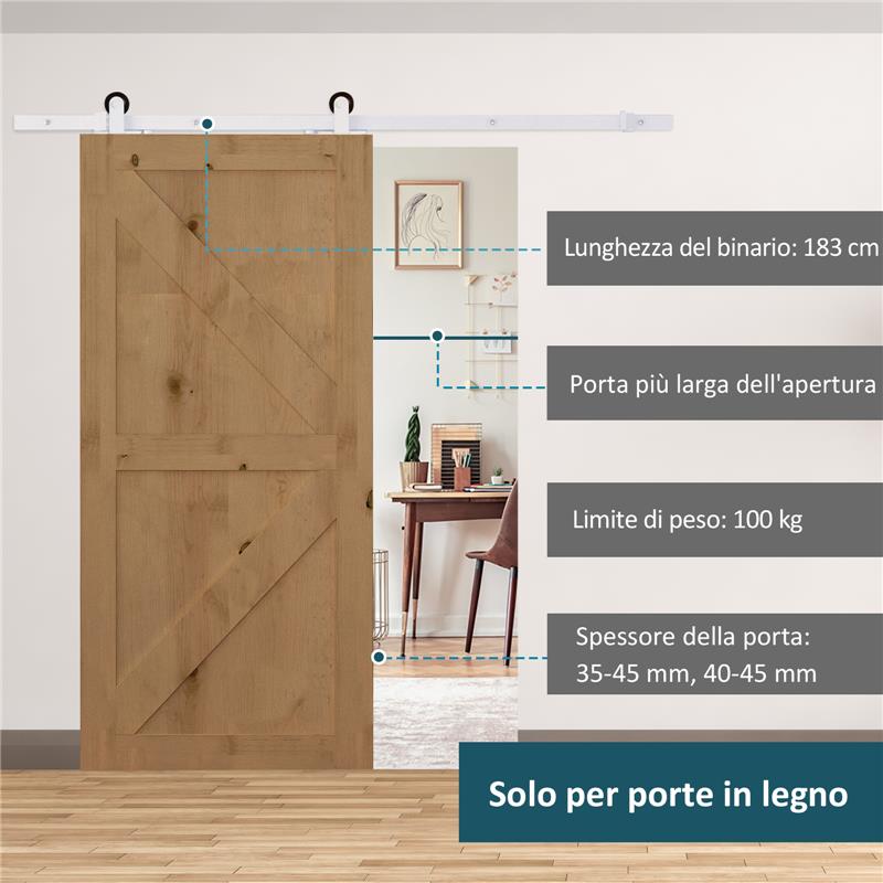 KIT PER PORTA SCORREVOLE CON BINARIO 183CM, ROTELLE E MINUTERIA INCLUSA, BIANCO