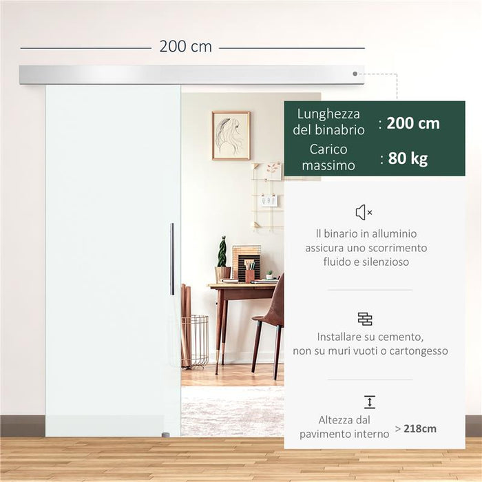 PORTA SCORREVOLE INTERNA IN VETRO SMERIGLIATO CON BINARIO B1 E MANIGLIA PER BAGNO CUCINA STUDIO VETRO 205X 90X 0.8CM