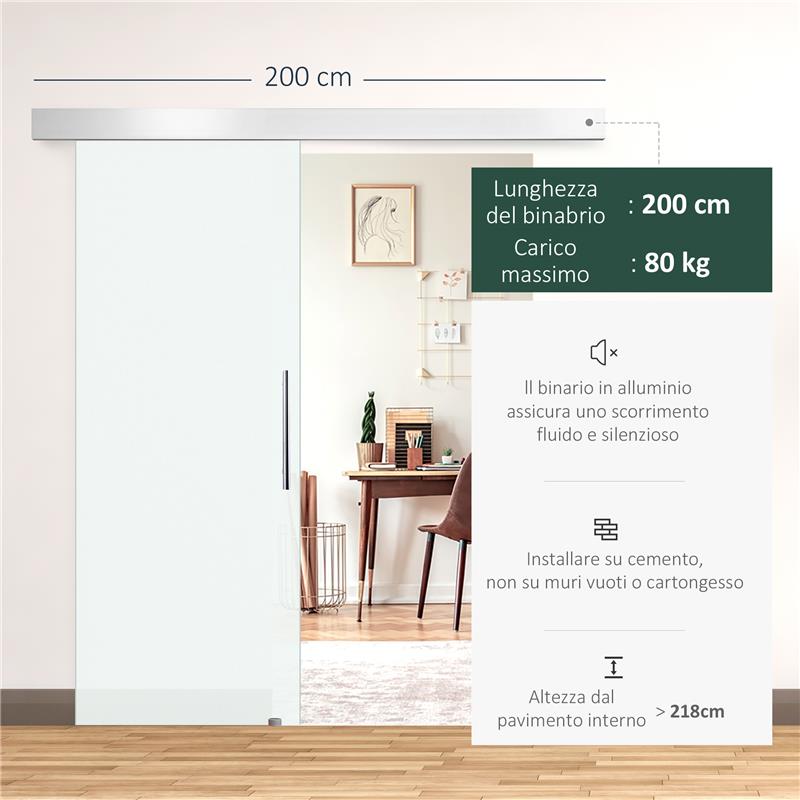PORTA SCORREVOLE INTERNA IN VETRO SMERIGLIATO CON BINARIO B1 E MANIGLIA PER BAGNO CUCINA STUDIO VETRO 205X 90X 0.8CM