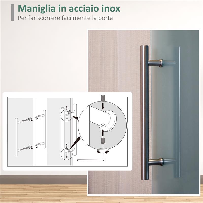 PORTA SCORREVOLE INTERNA IN VETRO SMERIGLIATO CON BINARIO B1 E MANIGLIA PER BAGNO CUCINA STUDIO VETRO 205X 90X 0.8CM