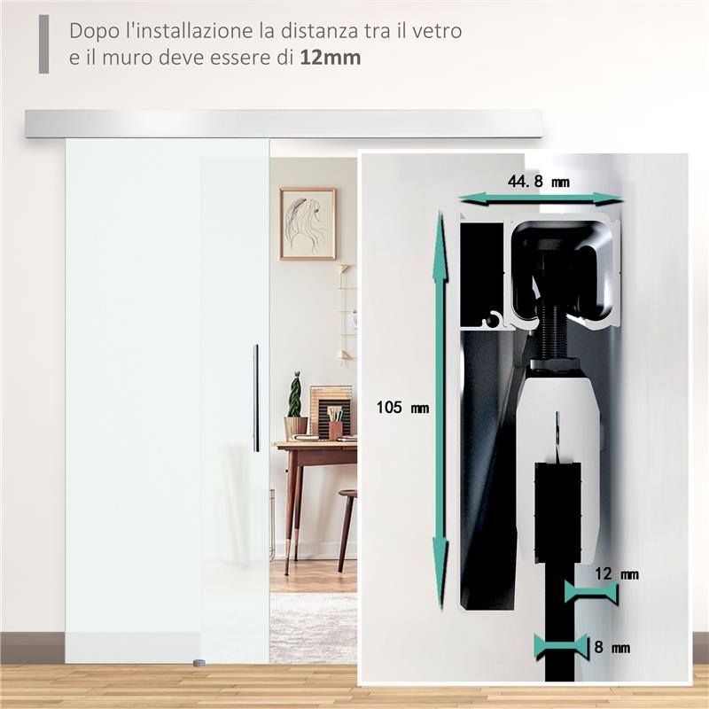 PORTA SCORREVOLE INTERNA IN VETRO SMERIGLIATO CON BINARIO B1 E MANIGLIA PER BAGNO CUCINA STUDIO VETRO 205X 90X 0.8CM