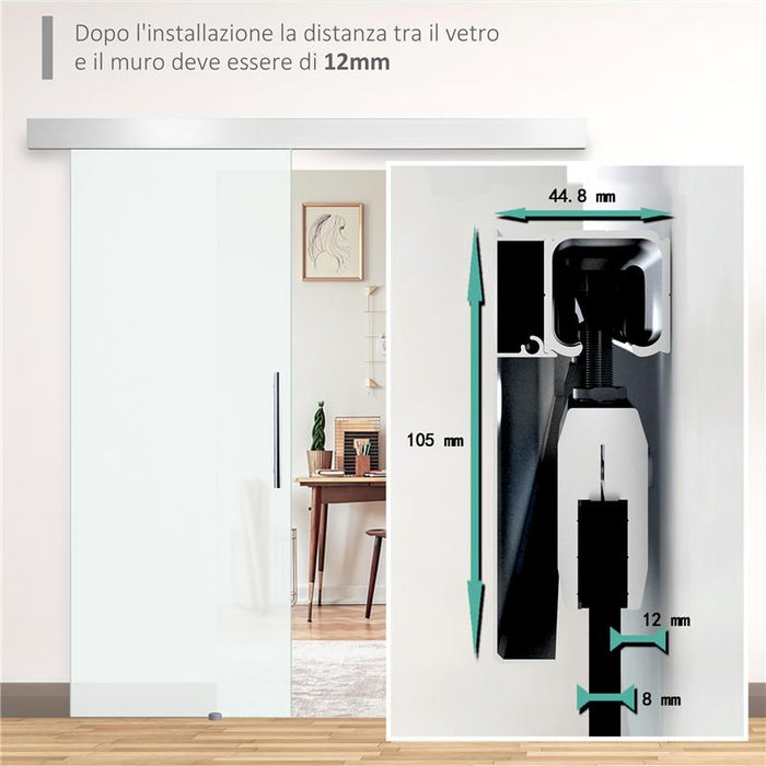 PORTA SCORREVOLE INTERNA IN VETRO SMERIGLIATO CON BINARIO B1 E MANIGLIA PER BAGNO CUCINA STUDIO VETRO 205X 90X 0.8CM