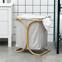 PORTABIANCHERIA A 2 CESTI CON COPERCHIO IN BAMB¨ E POLIESTERE, 55X40X62 CM, GRIGIO E COLOR LEGNO