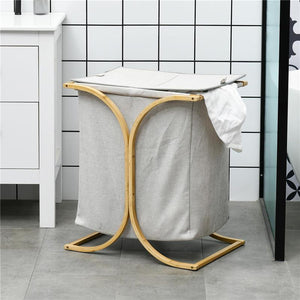 PORTABIANCHERIA A 2 CESTI CON COPERCHIO IN BAMB¨ E POLIESTERE, 55X40X62 CM, GRIGIO E COLOR LEGNO