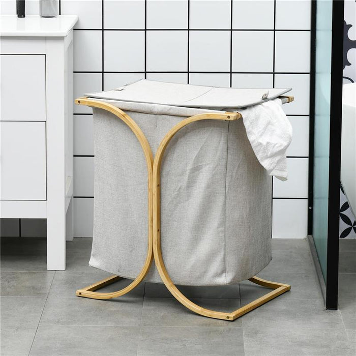 PORTABIANCHERIA A 2 CESTI CON COPERCHIO IN BAMB¨ E POLIESTERE, 55X40X62 CM, GRIGIO E COLOR LEGNO