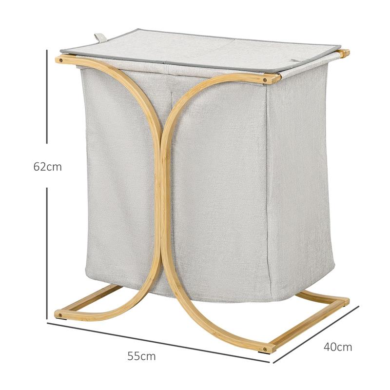 PORTABIANCHERIA A 2 CESTI CON COPERCHIO IN BAMB¨ E POLIESTERE, 55X40X62 CM, GRIGIO E COLOR LEGNO