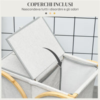 PORTABIANCHERIA A 2 CESTI CON COPERCHIO IN BAMB¨ E POLIESTERE, 55X40X62 CM, GRIGIO E COLOR LEGNO