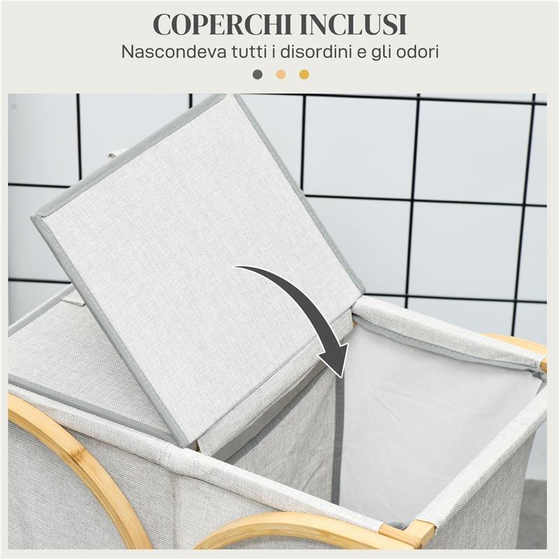 PORTABIANCHERIA A 2 CESTI CON COPERCHIO IN BAMB¨ E POLIESTERE, 55X40X62 CM, GRIGIO E COLOR LEGNO