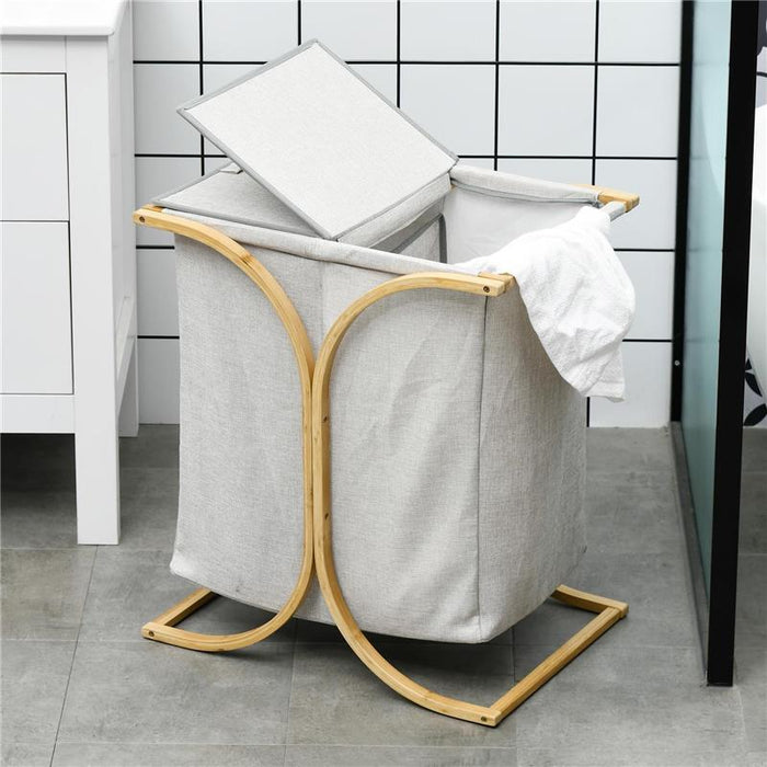 PORTABIANCHERIA A 2 CESTI CON COPERCHIO IN BAMB¨ E POLIESTERE, 55X40X62 CM, GRIGIO E COLOR LEGNO