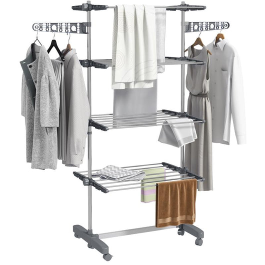 STENDINO VERTICALE CON 4 RIPIANI REGOLABILI, IN ACCIAIO E PLASTICA, 142X55X172 CM, GRIGIO E ARGENTO