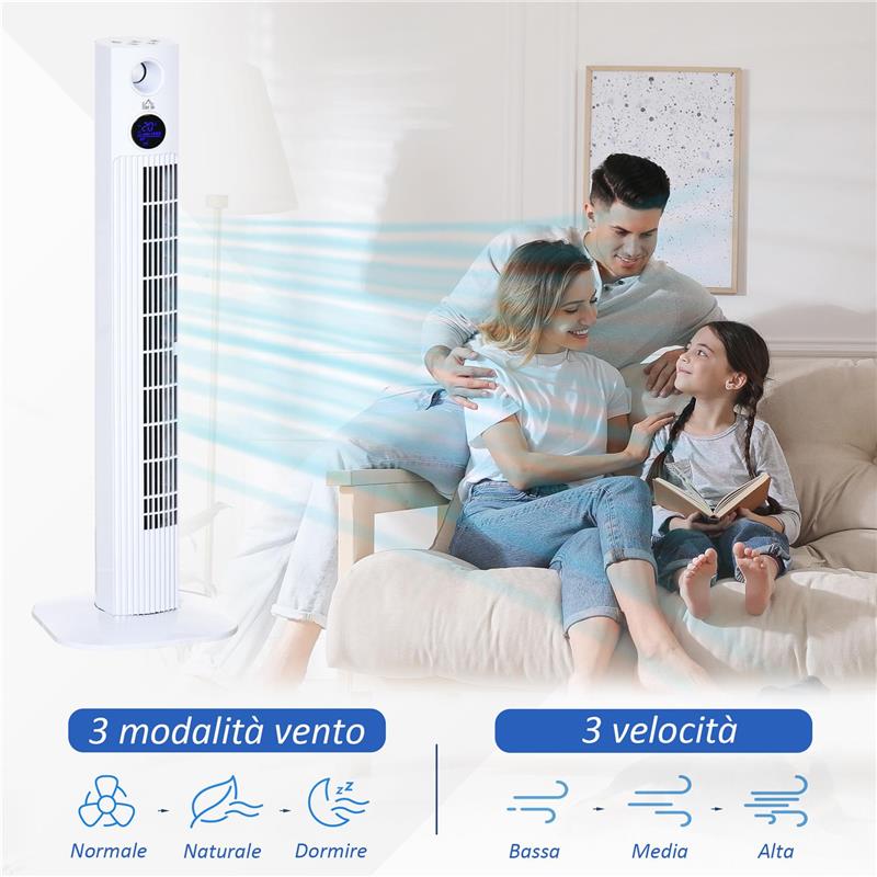 VENTILATORE A TORRE 45W A 3 MODALITÀ E 3 VELOCITÀ CON TIMER DA 12H E DIFFUSORE, 31.5X31.5X96 CM, BIANCO