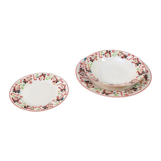 SERVIZIO PIATTI 18 PEZZI NATALIZI IN CERAMICA DECORATI AL BORDO CON BABBO NATALE, BASTONI E FIOCCHI DI NEVE 6 PIANI-6 FONDI- 6 FRUTTA OKX