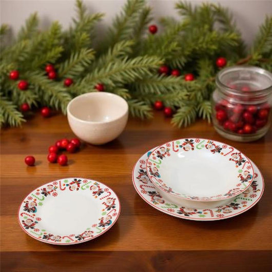 SERVIZIO PIATTI 18 PEZZI NATALIZI IN CERAMICA DECORATI AL BORDO CON BABBO NATALE, BASTONI E FIOCCHI DI NEVE 6 PIANI-6 FONDI- 6 FRUTTA OKX