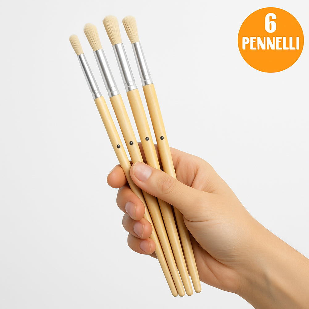 Set 6 Pennelli Piatti Manico Legno Lungo Vari Spessori Hobby Pittura Artico
