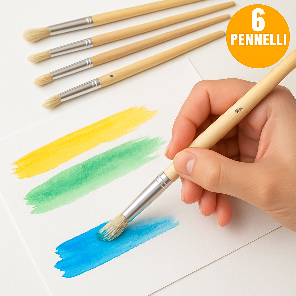 Set 6 Pennelli Piatti Manico Legno Lungo Vari Spessori Hobby Pittura Artico